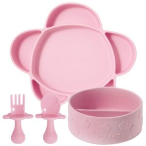 Coffret repas en silicone et ventouse 4pièces (bol et assiette compartimentée et couverts ergnomiques) - Rose Clair