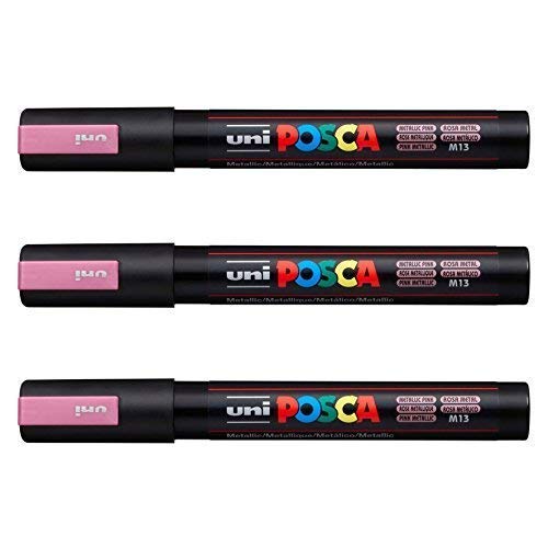 Posca Lot de 3 marqueurs PC-5M Uni-Ball (gamme complète de 35 couleurs disponibles) rose métallique
