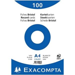 Exacompta - Réf. 10506E - Paquet de 100 fiches bristol unies non perforées - sous film - compatibles avec imprimante jet d'encre, laser et photocopieur - format 210 x 297 mm - couleur blanc