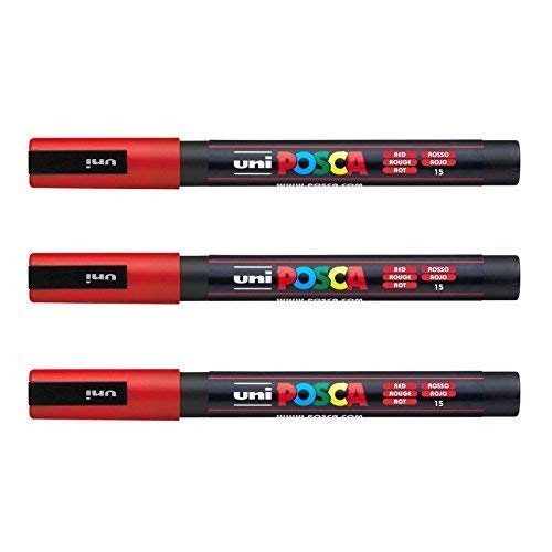 Posca - Marqueurs PC-3 M Uni-Ball - Gamme complète de 40 couleurs disponibles (Lot de 3) Red