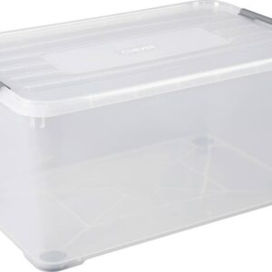CURVER | handy box - Plus 115L + clips Gris +roues Avec Couvercle, Transparent, handy +, 80x50x39,4 cm
