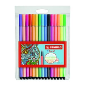 Lot de 10 Etui de 15 feutres Pen 68, pointe M, couleurs assorties (10 + 5 fluos)