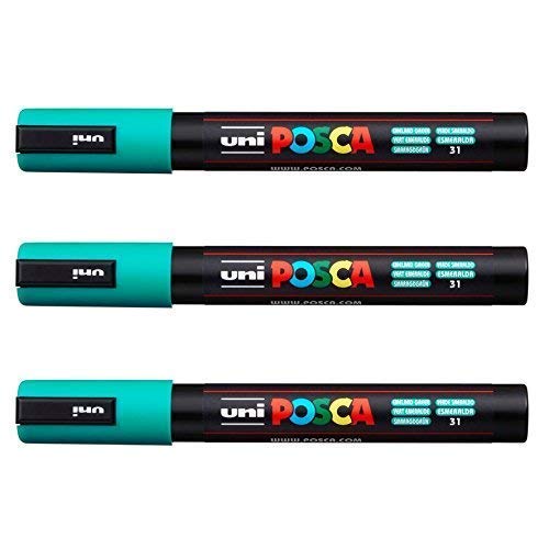 Posca Lot de 3 marqueurs PC-5M Uni-Ball (gamme complète de 35 couleurs disponibles) vert émeraude