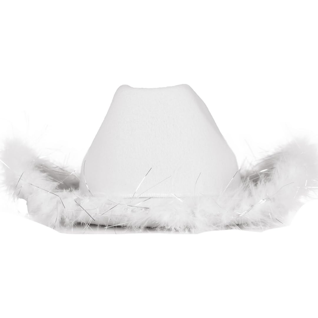 P'TIT CLOWN - 21302 - Chapeau Feutre Cowgirl avec Plumes Brillant - Glimmer Ladies Cowboy's Hat - Look Western, Country, Far West, Rodeo, Festival, Carnaval, EVJF, Halloween, Party - Adulte - Blanc