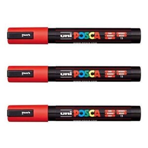 Posca Lot de 3 marqueurs PC-5M Uni-Ball (gamme complète de 35 couleurs disponibles) Rouge.