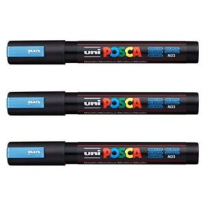 Posca Lot de 3 marqueurs PC-5M Uni-Ball (gamme complète de 35 couleurs disponibles) bleu métallique