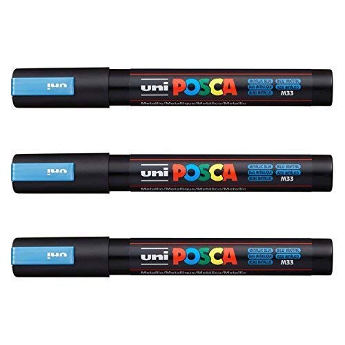 Posca Lot de 3 marqueurs PC-5M Uni-Ball (gamme complète de 35 couleurs disponibles) bleu métallique