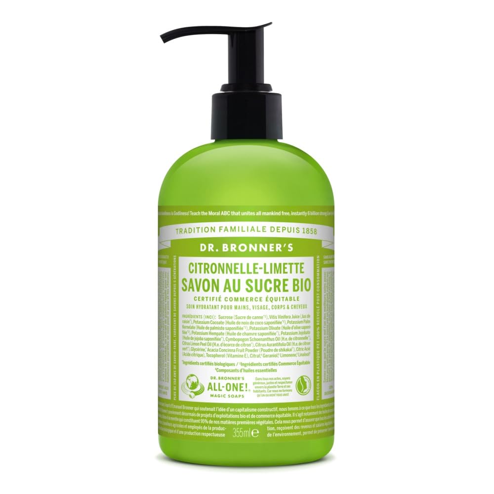 Savon Liquide Au Sucre Bio Citronnelle Citron vert flacon-pompe Dr Bronner's 355 ml