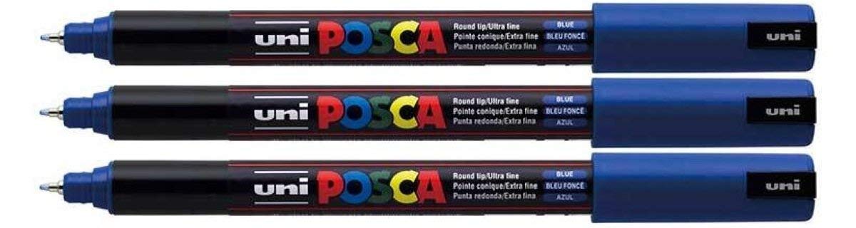 Posca PC-1MR Lot de 3 marqueurs de peinture à pointe ultra fine 0,7 mm pour écrire sur toutes les surfaces en verre, bois, métal, plastique, tissu Bleu