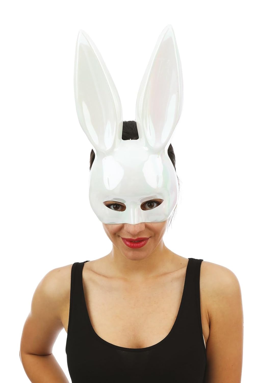 P'tit Clown - 23391 | Demi Masque Lapin Blanc Iridescent Adulte : Charme et glamour pour Soirées Pétillantes et Carnavals Scintillants