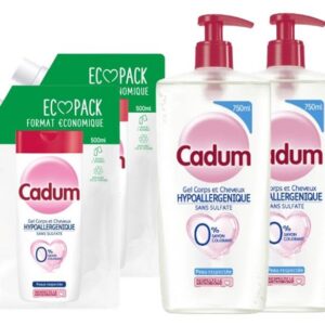 CADUM - Lot de 4 gels douche, 2 Hypoallergénique 750ml + 2 éco recharges Hypoallergénique sans sulfate 500ml