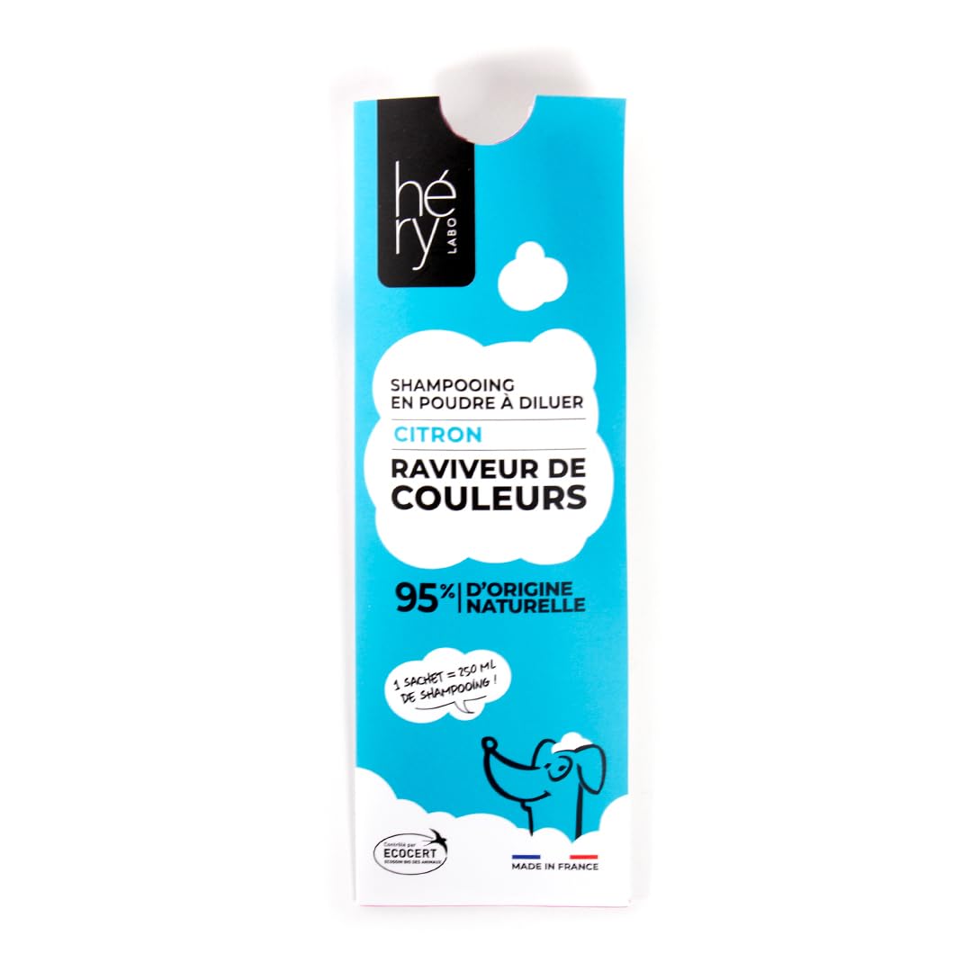 Héry - Shampooing Poudre Raviveur de Couleurs pour Chiens, au Citron - À Diluer (1 Sachet = 250 ML), Naturel (95%), Fabriqué en France, sans Plastique