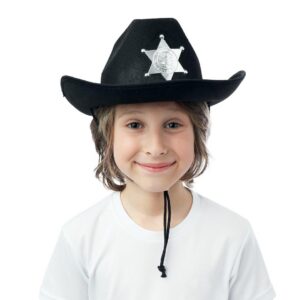 P'TIT CLOWN - 11236 - Chapeau Feutre Shérif Enfant - Unisexe - Accessoire Déguisement Western - Pour Costume Carnaval, Halloween, Cosplay, Anniversaire Fête Costumée, Spectacle - Noir