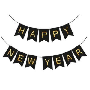 P’TIT Clown - 24362 - Guirlande Happy New Year Or et Noir - Décoration de Fête Nouvel an, Soirée, Réveillon, Xmas Party, Accessoire Festif pour Table ou Mur, Ambiance Chic et Élégante