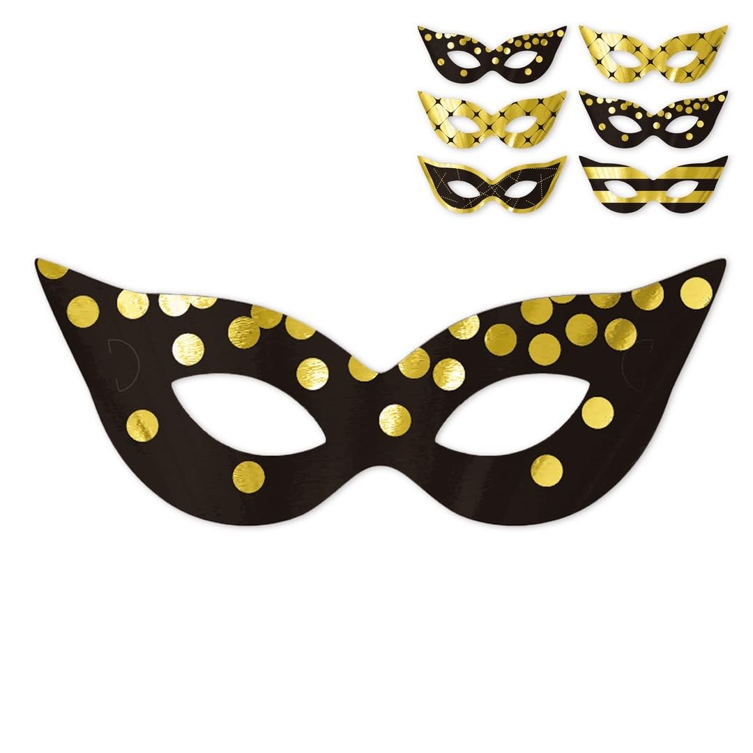 P'tit Clown - 24710 - Loup papier métallisé - lot de 6 - Masques Déguisement Soirées Costumées, Carnaval, Nouvel An, Noël, Fêtes de Fin d'Année, Anniversaires et Événements Festifs - Or, Noir