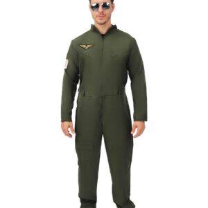 P'TIT CLOWN - 21177 - Costume Pilote de chasse - Air Pilot Suit - Déguisement parfait pour Carnaval, Fêtes à Thèmes, Soirées Costumées, Halloween - Adulte Homme - Combinaison - Vert Kaki - L-XL
