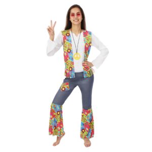 P'TIT CLOWN - Costume Hippie Femme - Chemise avec Gilet, Pantalon, Collier - Bohème - Flower Power - Peace and Love - Déguisement Carnaval, Festival et Fêtes à Thème - Années 70 - Woodstock (S-M)