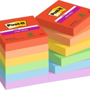 Post-it Notes Autocollantes Super Sticky, Couleurs Playful, Pack de 12 Blocs, 90 Feuilles par Bloc, 47.6 mm x 47.6 mm - Feuillets Super Adhésifs pour Prise de Notes, Listes de Tâches et Rappels