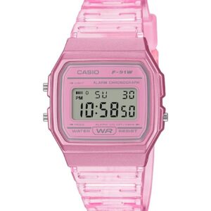 Casio Montre à Quartz Classique série F91W | Résistante à l'eau | Chronomètre 1/100 Seconde | Alarme Quotidienne | Signal horaire | Calendrier Automatique | Boîtier SS | Format 12/24 Heures, Rose