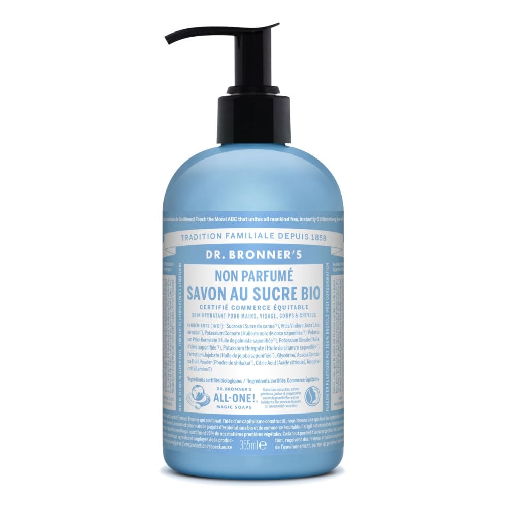 Savon Liquide Au Sucre Bio Non parfumé flacon-pompe Dr Bronner's 355 ml