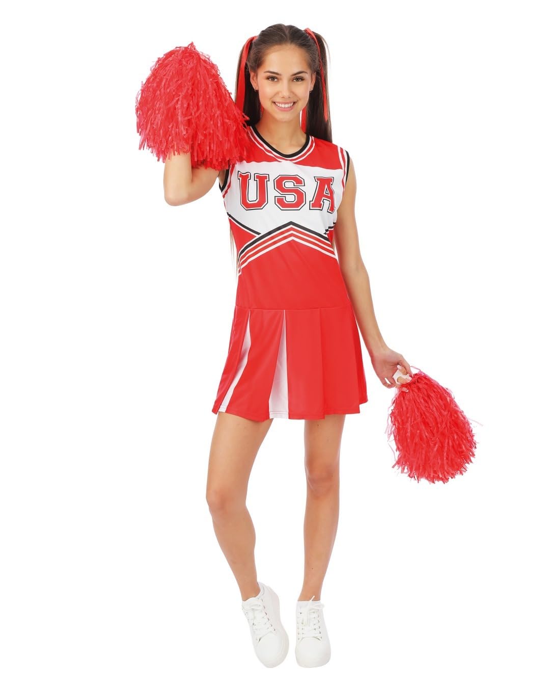 P’TIT CLOWN - Déguisement Pom-pom Girl - Costume Cheerleader Femme - Pour Carnaval, Fêtes Costumées et Évènements à Thème - Confortable et Réaliste (Rouge, S-M)