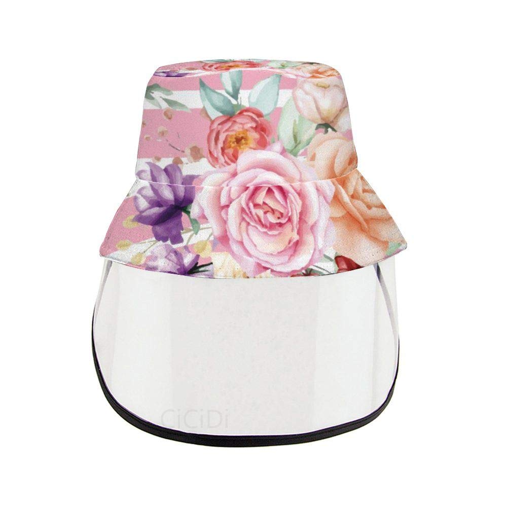 CiCiDi Pink Rose Flowers Floral Striped Detachable Face Shield Bucket Hat Protective Cap Cover Dustproof, Comfortable Anti-Spitting Protection Anti Saliva Fog UV Hat Unisex