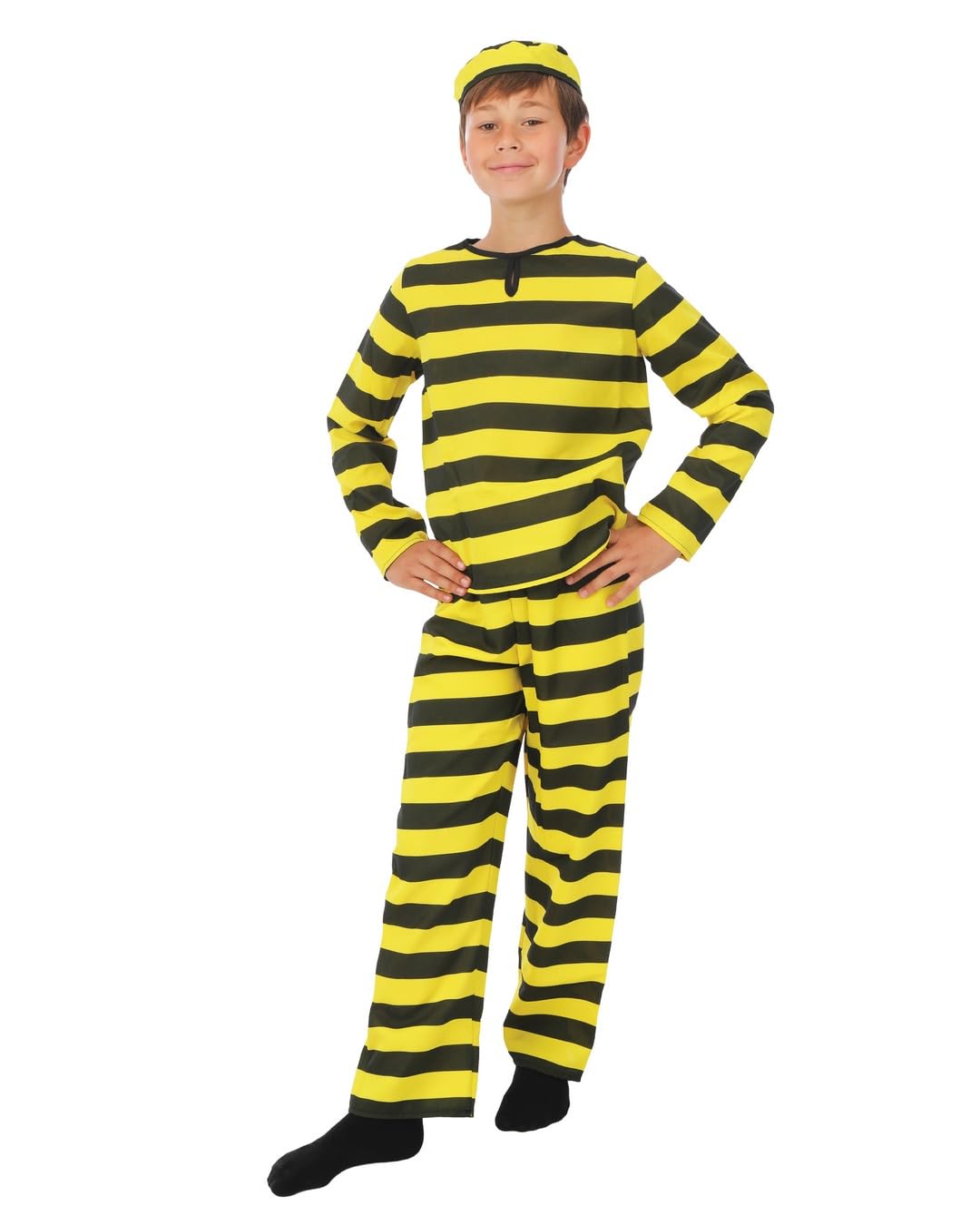 P'TIT CLOWN - Déguisement Prisonnier pour Enfant - Unisexe - Avec Chapeau, Chemise et Pantalon Inclus - Déguisement Parfait pour Carnaval, Fêtes Costumées et Évènements à Thème (7-9 ans)