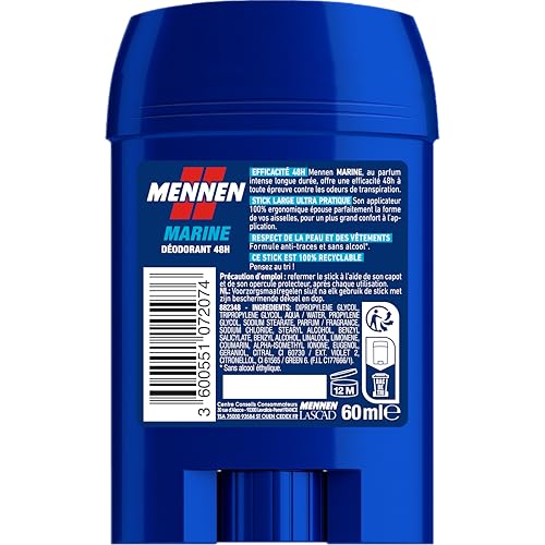 MENNEN - MARINE Deodorant Homme 24H - Stick Large - Sans Alcool - Anti-Traces - 60 ml - Lot de 6 – Image 2