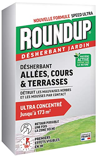 ROUNDUP Désherbant Concentré Cours, Allées & Terrasses – Action 2-en-1 Mauvaises Herbes & Mousses – Effets en 1h – 400ml