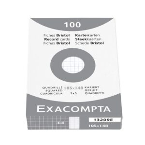 Exacompta - Réf. 13209E - Étui de 100 fiches bristol quadrillées 5x5 non perforées - format 105 x 148 mm - compatibles avec imprimante jet d'encre, laser et photocopieur - couleur blanc