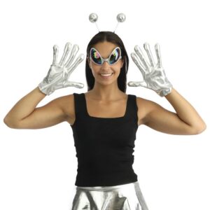 P’TIT Clown - 23850 - Kit d’Accessoires Déguisement Extra-Terrestre - Lunettes Alien, Gants, Serre-Tête - Parfaits pour Compléter Costume Carnaval, Halloween, Cosplay, Fête à Thème - Argent