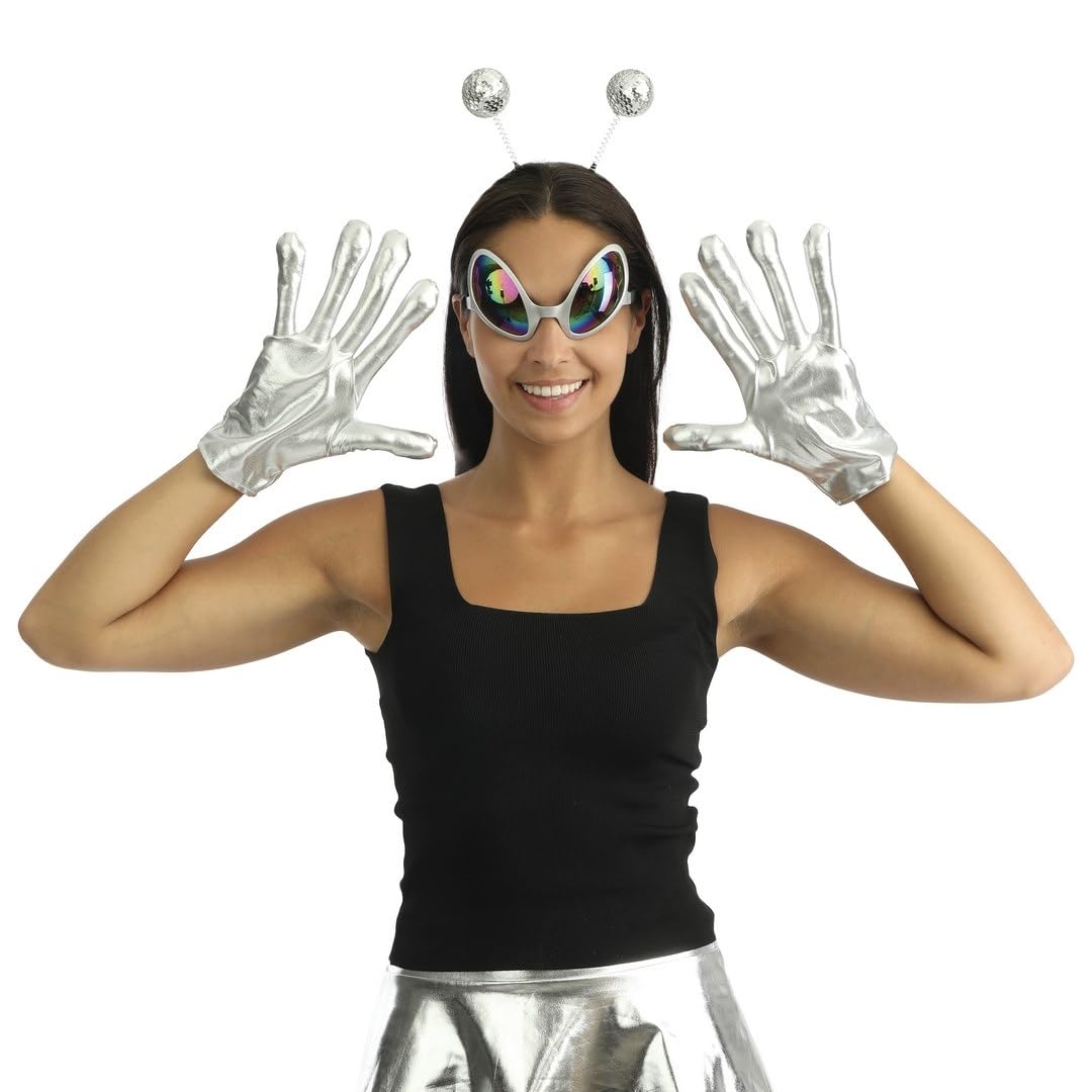 P’TIT Clown - 23850 - Kit d’Accessoires Déguisement Extra-Terrestre - Lunettes Alien, Gants, Serre-Tête - Parfaits pour Compléter Costume Carnaval, Halloween, Cosplay, Fête à Thème - Argent