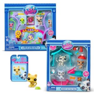 Littlest Pet Shop - Pack Exclusif 2 Coffrets : Jour de Neige & Pets Got Talent (5 Figurines et 14 Accessoires) + 1 Figurine Supplémentaire (Petit Chat Jaune) - Licence Officielle - Mini Figurines - Jo