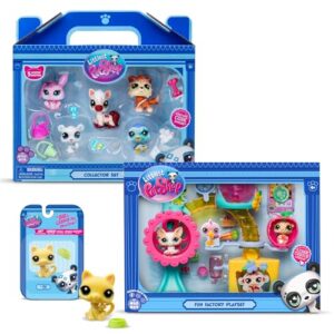 Littlest Pet Shop - Pack Exclusif 2 Coffrets : Montagne Hiver & Fun Factory (7 Figurines et 13 Accessoires) + 1 Figurine Supplémentaire (Petit Chat Jaune) - Licence Officielle - Mini Figurines - Jouet