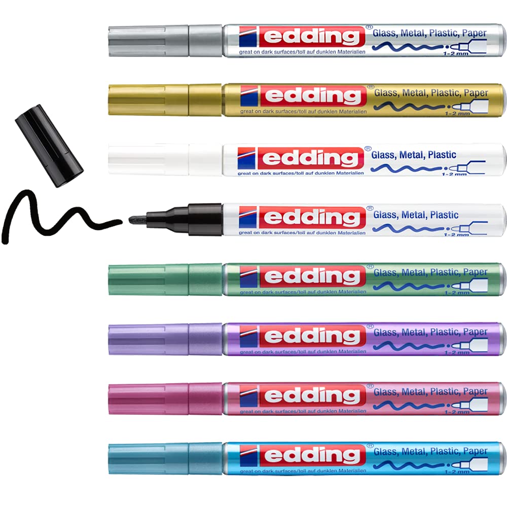edding 751 Marqueur peinture brillante - noir blanc or argent bleu vert violet rose (métallisé) - 8 stylos - pointe ronde 1-2mm - pour dessin, coloriage, scrapbooking - étanche, très opaque