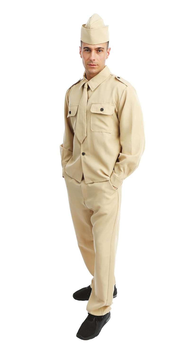 P'tit Clown - Costume Militaire Homme Adulte - Déguisement DDay - Officier US Army - Uniforme Soldat Seconde Guerre Mondiale Vintage - Idéal pour Carnaval, Cosplay, Fêtes Costumées (S-M)