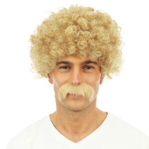 P'TIT CLOWN - Perruque Homme Courte Frisée et Moustache - Accessoire de Déguisement Années 70, 80 - Carnaval, Fête à Thème, Cosplay, Manga, Nouvel An, Halloween - Cheveux Synthétiques (Blond)