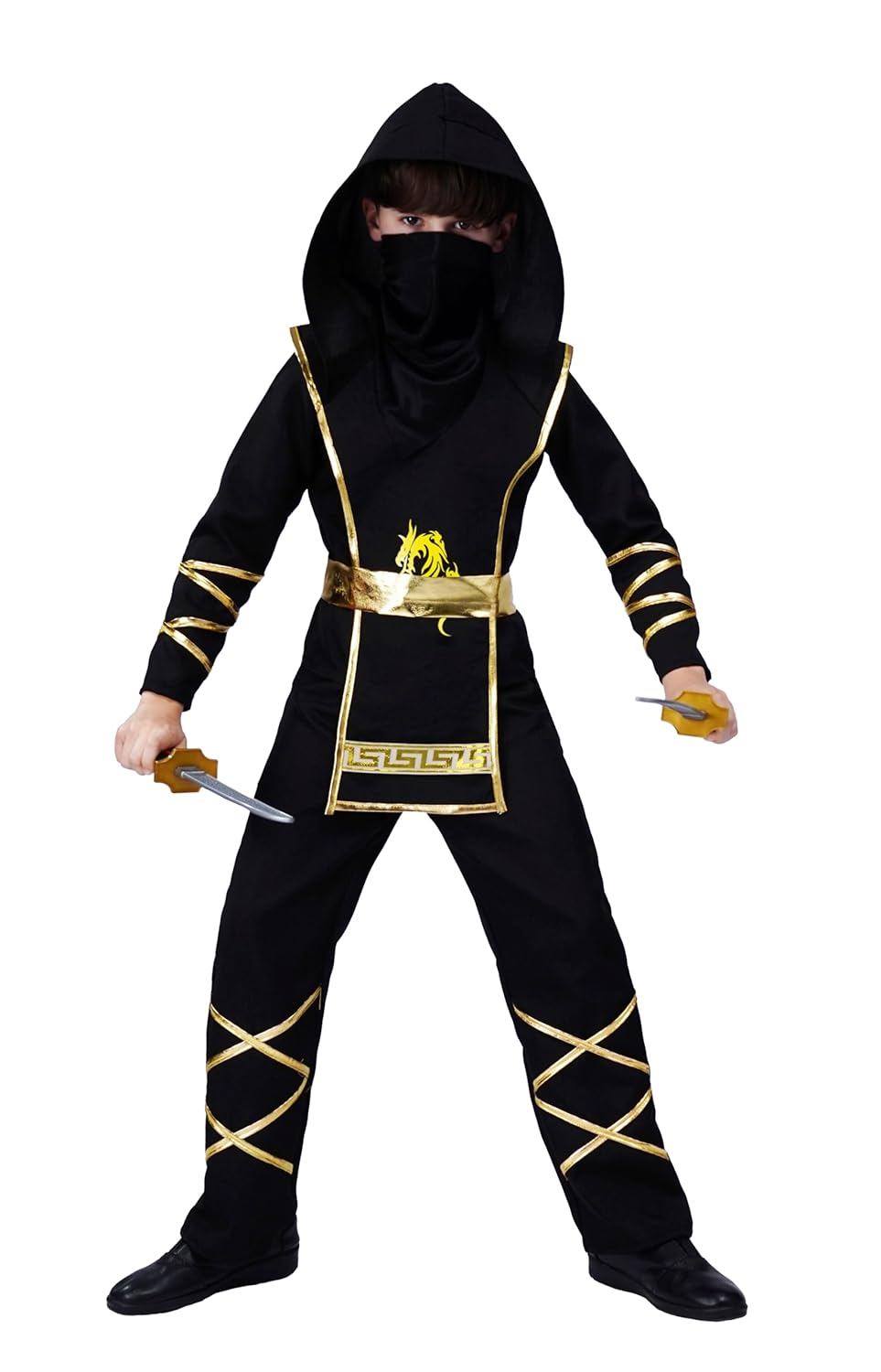 P'TIT CLOWN - Déguisement Ninja Enfant - Parfait pour Carnaval, Fêtes Costumées et Évènements à Thème (Noir, Or, 5-6 ans)