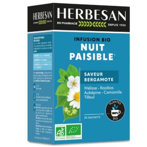 HERBESAN®-INFUSION NUIT PAISIBLE BIO - Saveur Bergamote - Zesté Bergamote & Floral -Sans plastique- 100% plantes - 20 sachets en papier