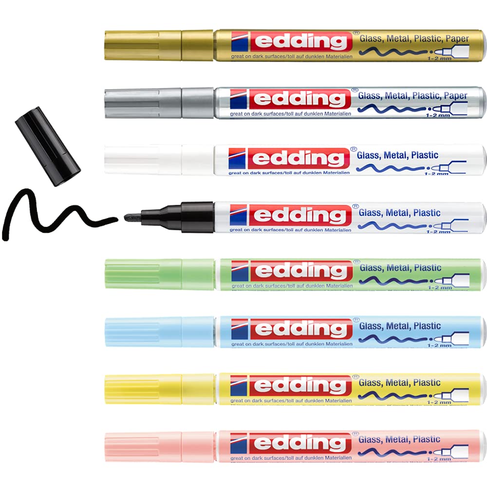edding 751 Marqueur peinture brillante - multi-couleur métallisé, pastel - 8 feutres peinture brillante - pointe ronde 1-2mm - pour dessin, coloriage, scrapbooking - étanche, très opaque