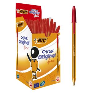 BIC Cristal Original Stylos-Bille Pointe Fine (0,8 mm) - Écriture Fine et Précise - Rouge, Boîte de 50