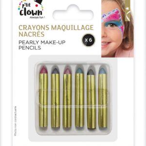 P'TIT CLOWN - 23354 | Lot de 6 Crayons de Maquillage Gras Nacrés pour Carnaval : Éclat Magique, Faciles à Appliquer, Lavables, Non Toxiques!
