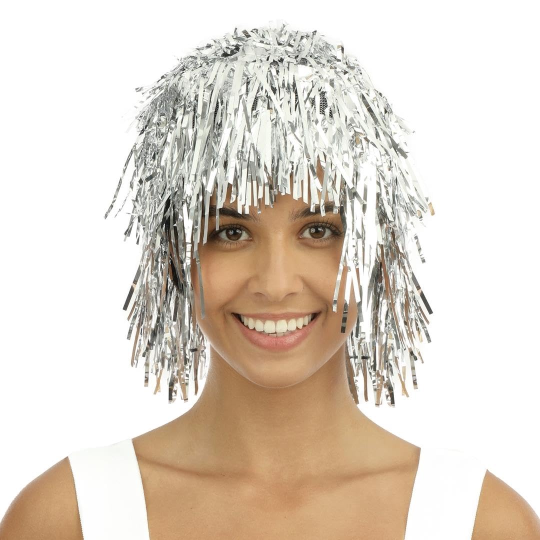 P'TIT CLOWN - 19191 - Perruque Disco Brillante - Disco Tinsel Wig - Accessoire de Déguisement - Pour Carnaval, Fêtes à Thèmes, Soirée Costumée, Nouvel An - Taille Unique - Adulte - Argent Métallique