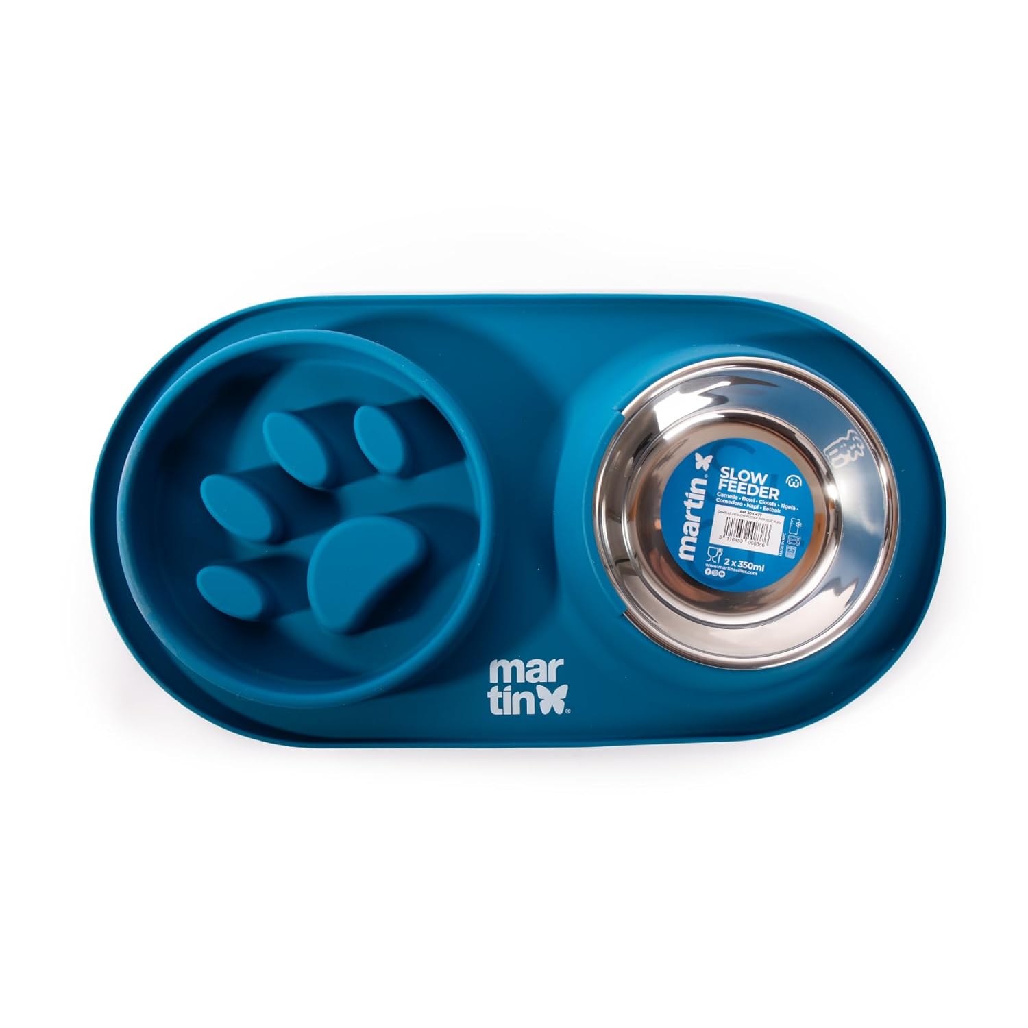 Gamelle Anti-Glouton en Silicone et INOX pour Chien - 350 ML - Bol INOX Amovible + Silicone Alimentaire, Digestion améliorée, Lave-Vaisselle, Micro-Ondes, congélateur - 4 Coloris (Bleu)