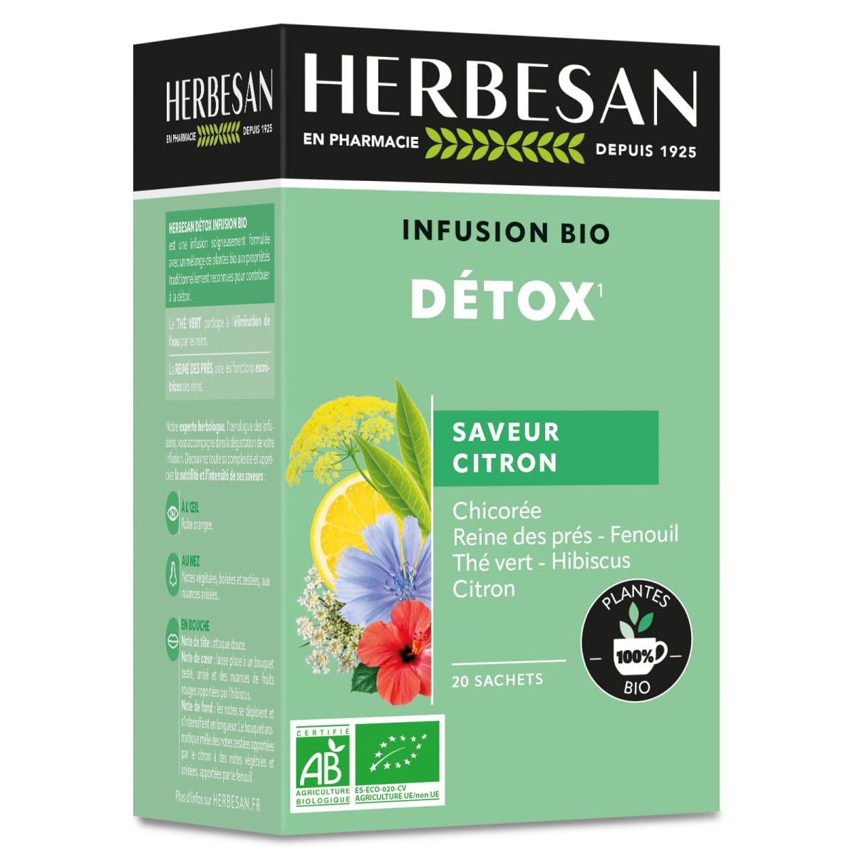 HERBESAN®- INFUSION DÉTOX BIO - Saveur Citron - Acidulé & Anisé - Sans plastique - 100% plantes - 20 sachets en papier