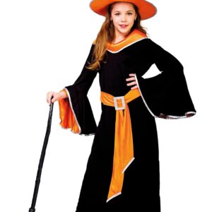 P'TIT CLOWN - Costume Halloween Fille Sorcière - Déguisement pour Enfant - Robe, Chapeau, Ceinture - Cosplay, Carnaval, Fêtes Costumées et Évènements à Thème (Noir, Orange, 10-12 ans)