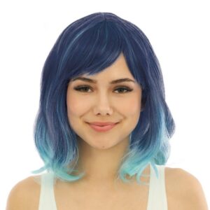 P'tit Clown - 24013 - Perruque Mi-Longue avec Frange - Accessoire Déguisement Carnaval, Soirées Costumées, Manga, Cosplay, Halloween - Cheveux Synthétiques Haute Qualité - Coiffable et Lisable - Bleu