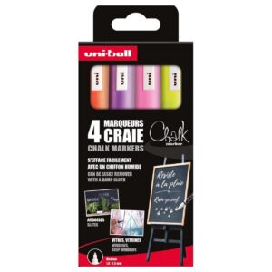 CHALK Marker - Uni-Ball - Mitsubishi Pencil - Marqueurs Craie PWE-5M - Marquage Éphémère Résistant à la Pluie - Pointe Conique Medium - Emballage Zéro Plastique - 4 Couleurs Assorties