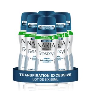 NARTA - Resixyl - Déodorant Spray Compressé Homme - Détranspirant Toucher Sec 4 Jours - Transpiration Excessive - Anti-Irritations* - 0% Alcool** - Peaux Sensibles - Anti trace blanche - 100ml - LOT 6