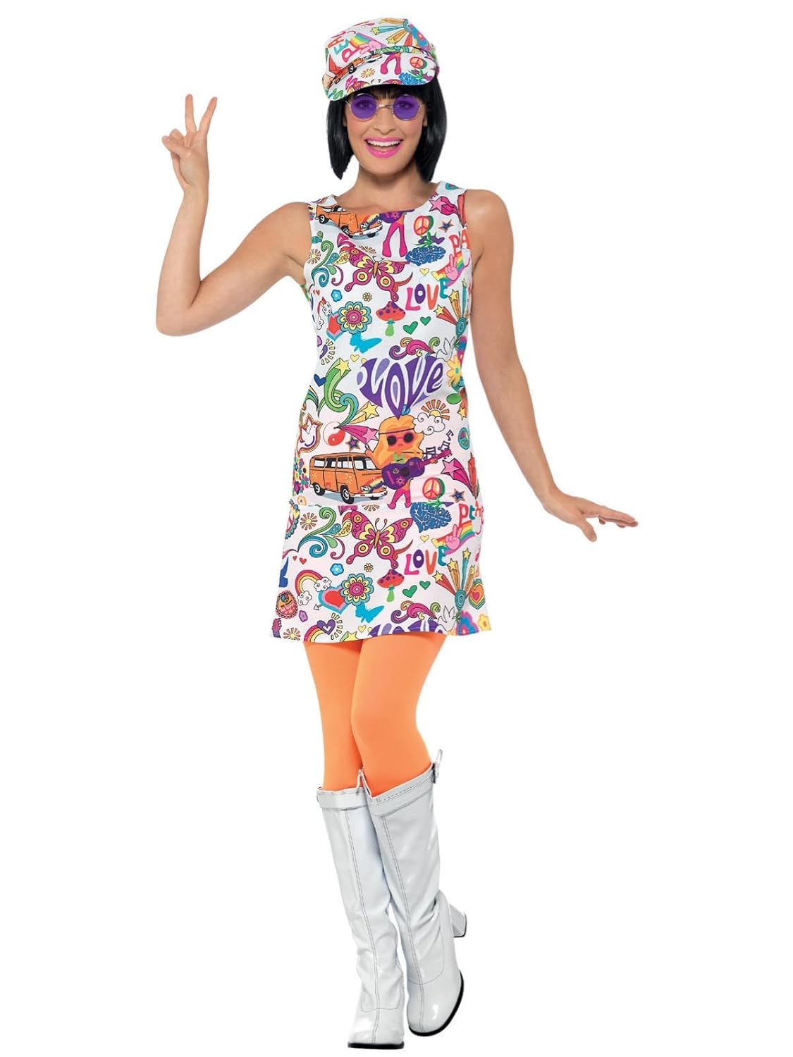 Smiffys Costume cool femme années 60, multicolore, avec robe et chapeau Halloween